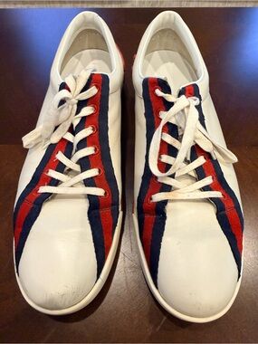 White Leather Gucci Sneakers with Red & Navy Stripe Accent